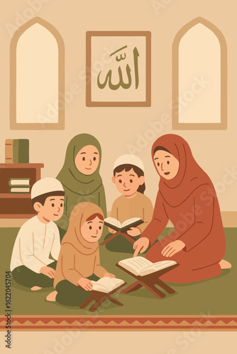 Muslim Children Learning Quran Together – Islamic Education in Mosque Illustration
