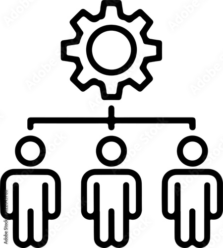 Organizational structure with a gear representing management and three people below
