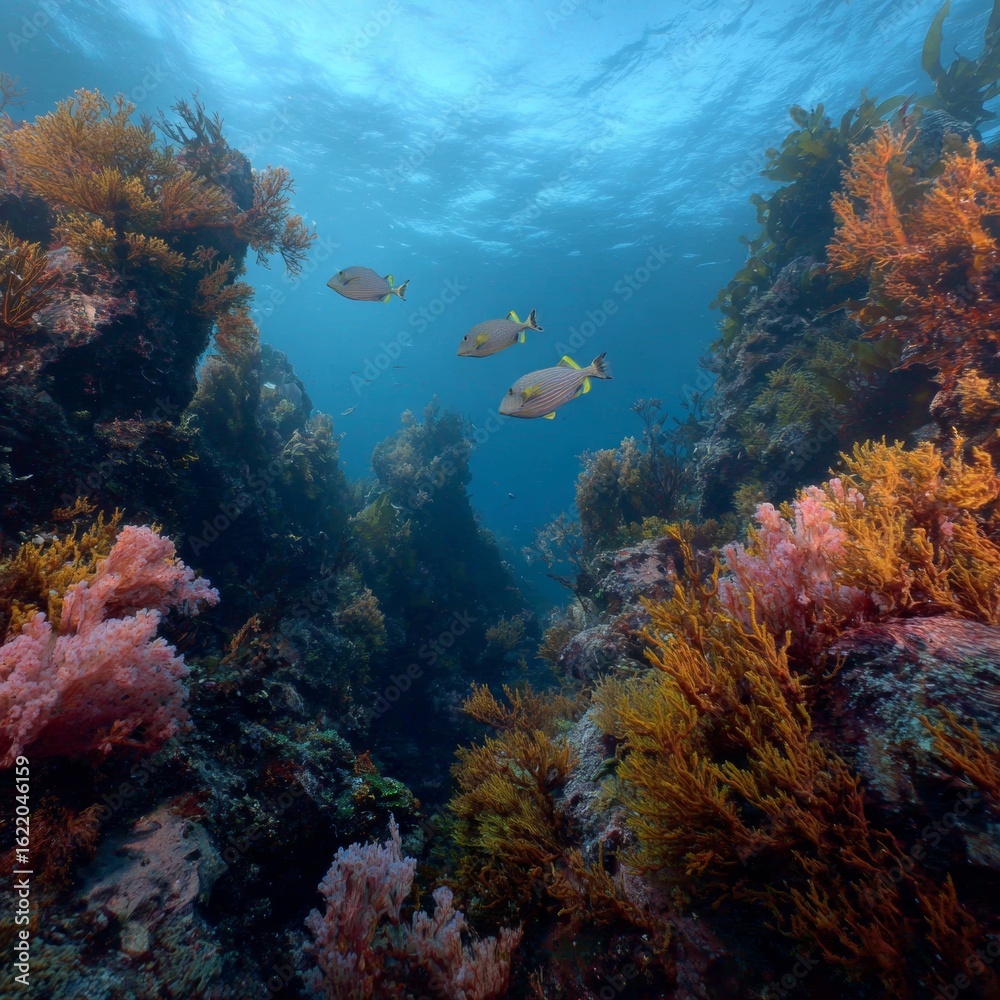Naklejka premium Underwater Scene with Coral Reef and Colorful Fish Swimming