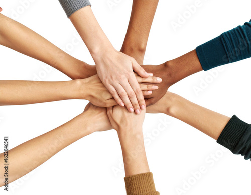 Diverse group of hands stacked together in teamwork huddle showing unity, collaboration and support