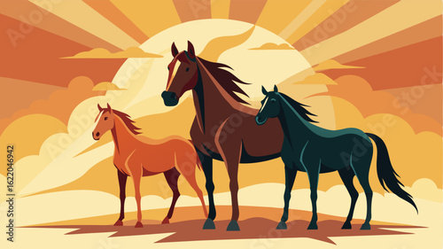 The horses coats glisten in the sunlight their powerful and majestic forms adding to the rustic charm of the scene.