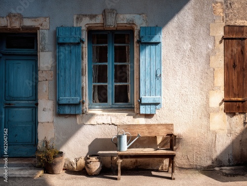 Charming Blue Door Entrance with Wooden Bench and Potted Plants


