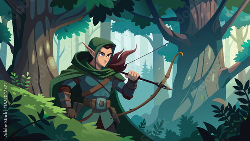 Elf Ranger Observing Silently from a Lush Tree Canopy in Forest
