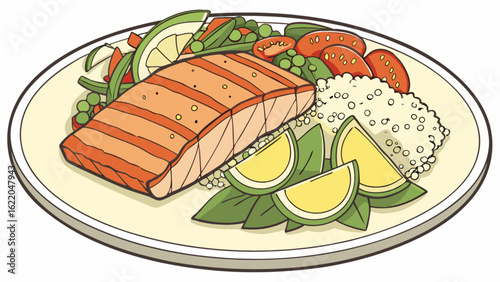 A delicious and healthy salmon dish on a plate, featuring fresh vegetables, rice, and lime, perfect for a nutritious meal at a restaurant or at home