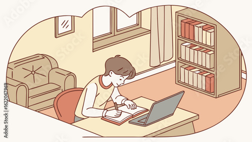 A boy studying in his room with a laptop and books, surrounded by furniture and natural light, creating a cozy and productive learning environment