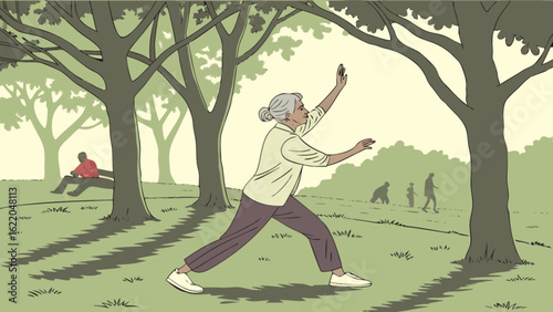 A senior woman practicing tai chi in a park surrounded by trees, promoting health, wellness, and relaxation in a natural outdoor setting isolated on white background