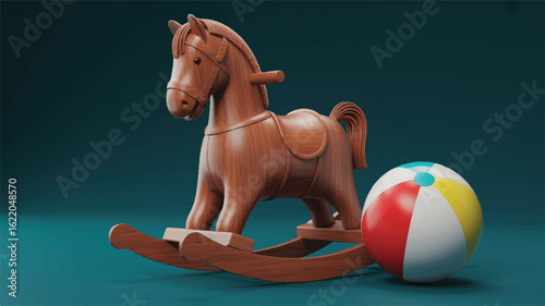 Wooden rocking horse with colorful beach ball childhood play