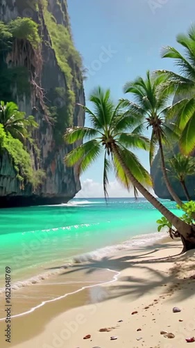 Tropical beach scene featuring palm trees, turquoise water, and rocky cliffs.