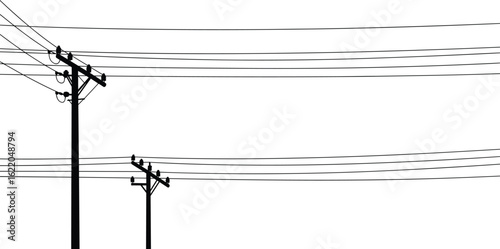 Silhouette of Utility Poles with Power Lines, Electrical Grid, Transmission Network, Voltage Lines, Infrastructure Vector Illustration for Energy and Electricity Design