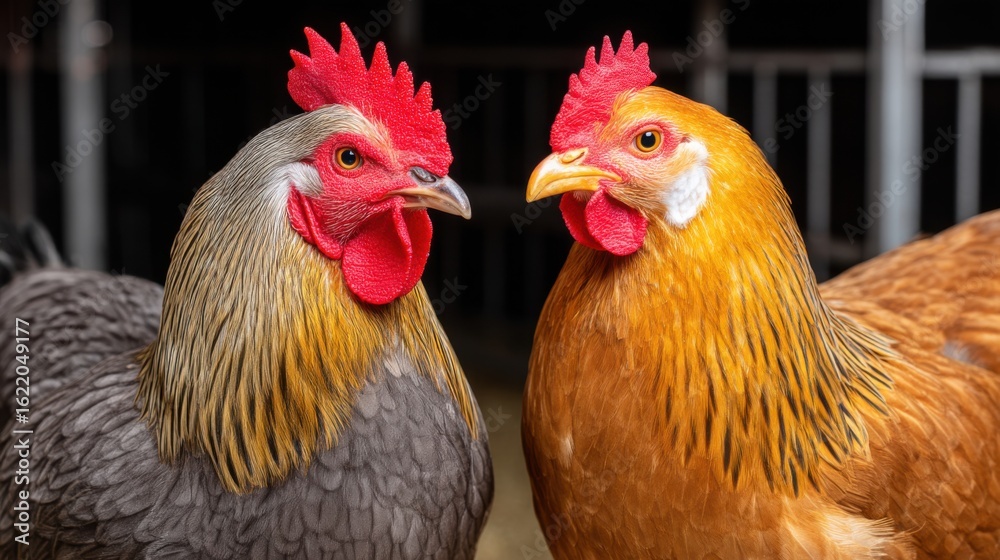 Fototapeta premium Two colorful chickens facing each other in a farm setting with a blurred background