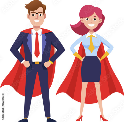 Super Hero Businessman and Business Woman Characters in Red Cape. Leadership Teamwork, Career Growth, Goal Achievement Concept. Flat Vector Cartoon Illustration stock 