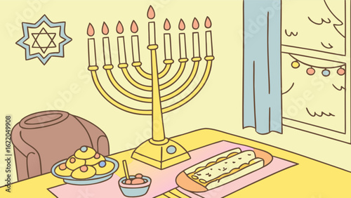 A hanukkah celebration with a menorah, candles, latkes, and sufganiyot, symbolizing the jewish holidays traditions, culture, and the joy of family gatherings
