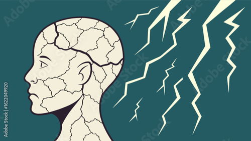 A cracked head with lightning strikes symbolizes mental health issues, stress, and anxiety, representing the burden and pressure on the mind and emotions
