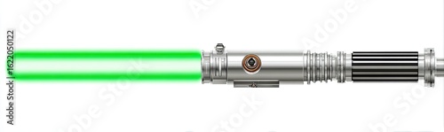 A stylized, metallic lightsaber with a bright green blade