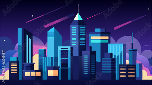 The city at night its skyscrapers reaching towards the starry sky as they illuminate the streets below.