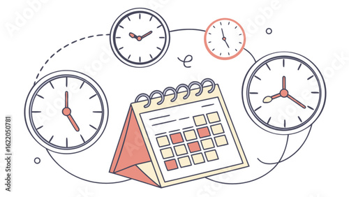 A calendar with clocks floating around it, representing time management, scheduling, and planning isolated on white background vector illustration