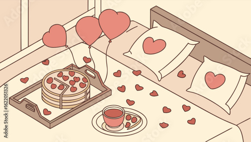 A cozy bedroom scene with heartshaped balloons, cake, and coffee, perfect for celebrating love and romance on valentines day, creating a sweet and romantic atmosphere