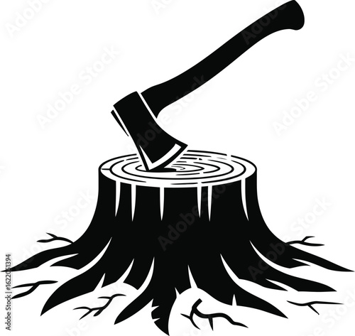 Black and white illustration of an axe embedded in a tree stump with exposed roots