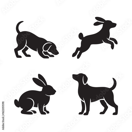 Black silhouette vector illustration featuring dogs and rabbits on a white background perfect for animal lovers and design projects