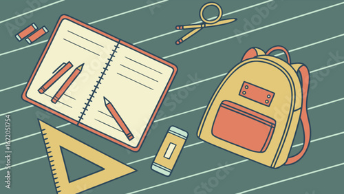 Overhead shot of a backpack, notebook, pencil, pen, eraser, ruler, and scissor on a desk, perfect for back to school and educationthemed projects
