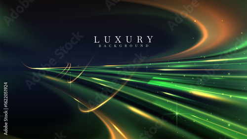 Green northern lights scene glowing in the night sky decorated with golden glow effect and stars, luxury style background design concept.