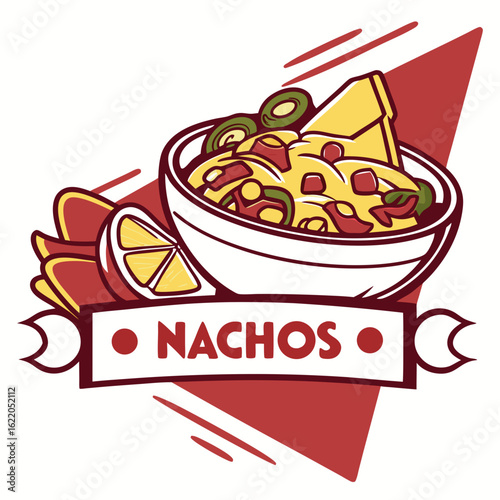 Delicious nachos with toppings and lime wedge