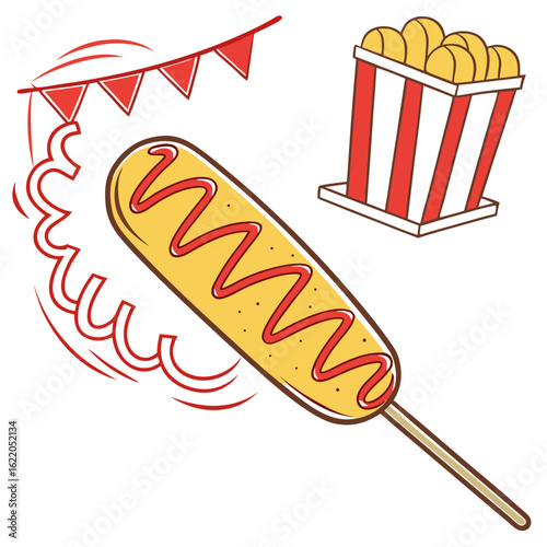 Delicious corn dog with ketchup and side of fries