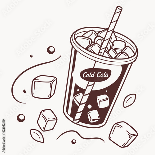 Refreshing cold cola with ice and straw