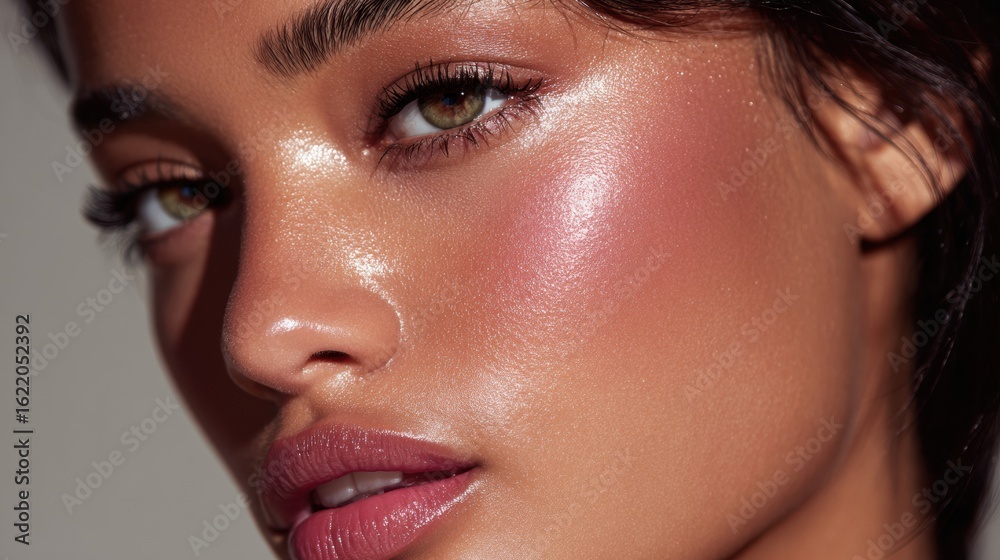 Fototapeta premium Model Showcasing a Radiant Cheek Highlighter Glow With Blurred Background Capturing a Beauty Editorial Moment