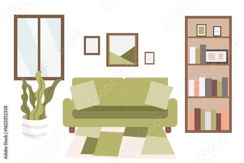 Modern living room interior. Design of a cozy room with a sofa, bookshelf and air purifying plant.