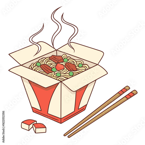 Steaming noodle takeout box with chopsticks and cubes