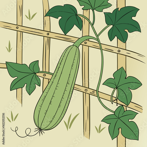 Luffa gourd growing on a bamboo trellis with green leaves