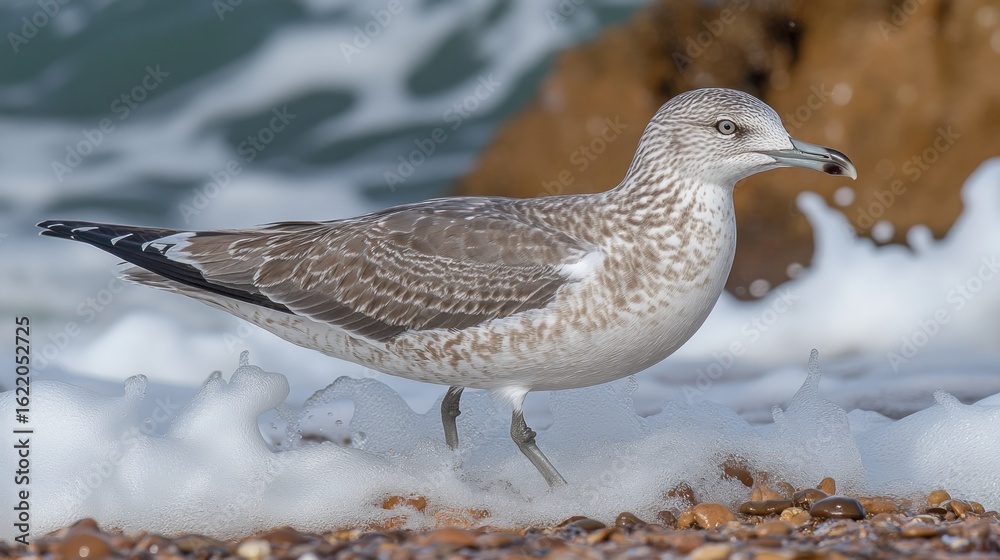 Obraz premium Juvenile Herring Gull Forages on Shoreline in Early Morning