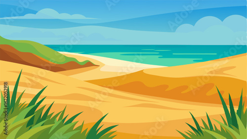 The beach is a symphony of earthy tones golden sand lush green sea grass and rusty dunes all blending together to create a harmonious and serene landscape.
