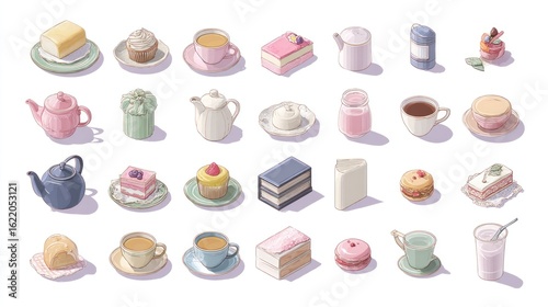 Collection of colorful isometric tea party items