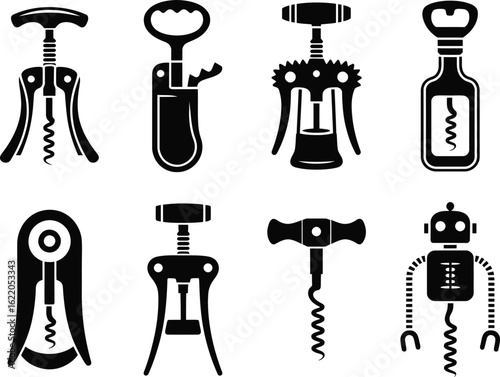 Collection of eight different styles of corkscrews and wine openers