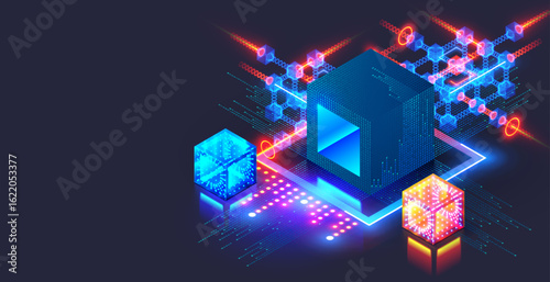 Blockchain concept banner. Isometric digital blocks connection with each other and shapes crypto chain. Blocks or cubes, connection consists digits. Abstract technology background. Vector illustration