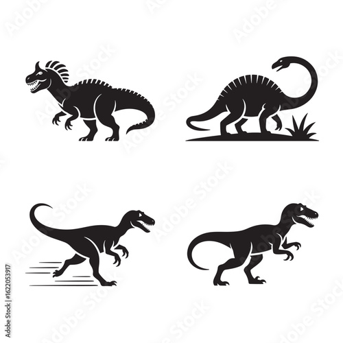 Dinosaur Silhouette Set Vector Illustration Featuring Tyrannosaurus Rex Velociraptor and Brontosaurus in Black and White Minimalist Design