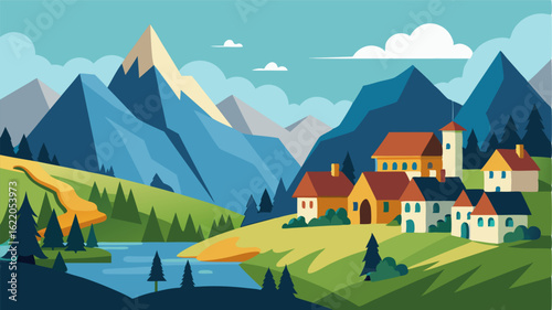 Nestled in a valley between towering mountain peaks this secluded village exudes a peaceful and tranquil aura.