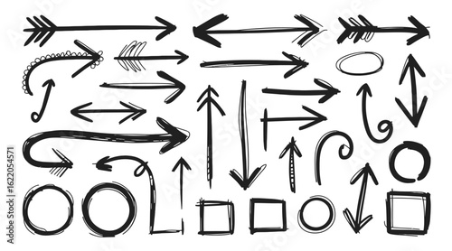 Set of 25 abstract hand-drawn arrows and geometric shapes in black ink, illustrating movement, direction, annotation, and creative markup