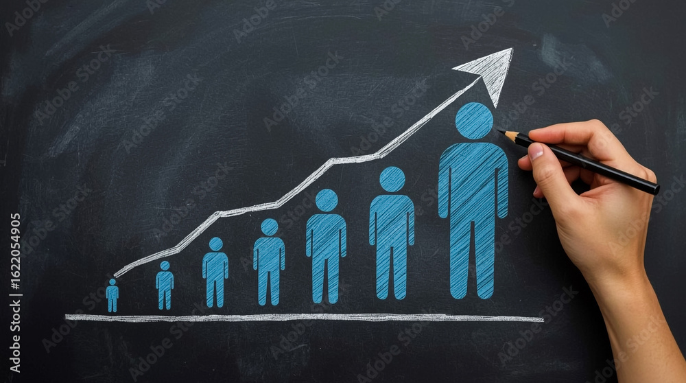Obraz premium Hand drawing a growth chart with increasing human figures representing population or career progression on a blackboard