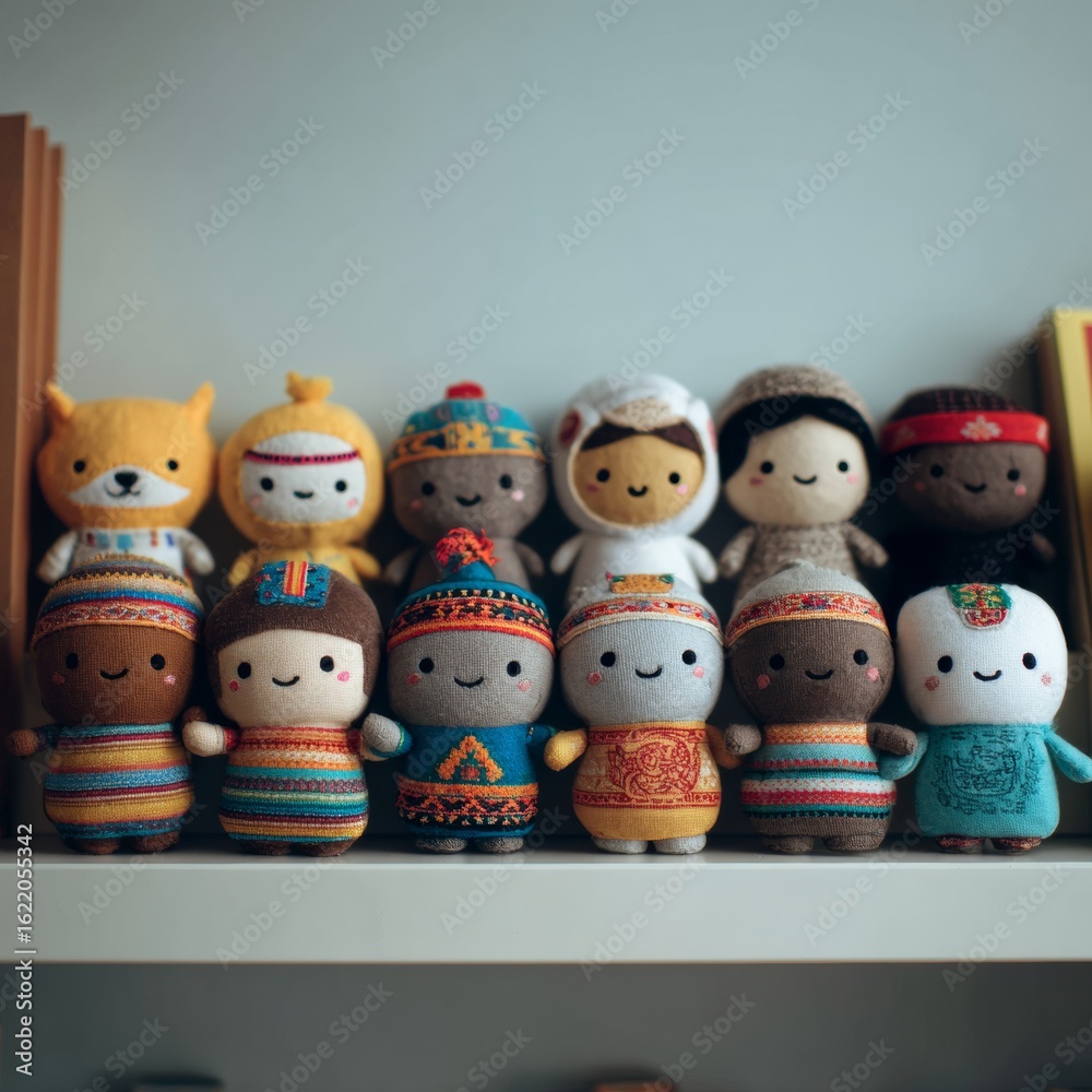 Fototapeta premium Colorful Handmade Doll Collection on a Wooden Shelf