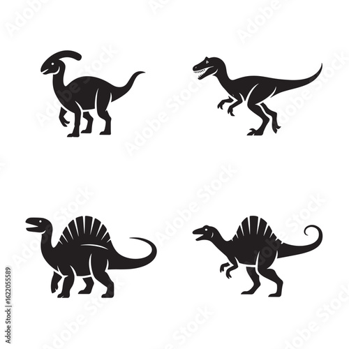 Black Silhouettes of Prehistoric Dinosaurs on a White Background Illustrating Jurassic Period Reptiles and Extinct Species
