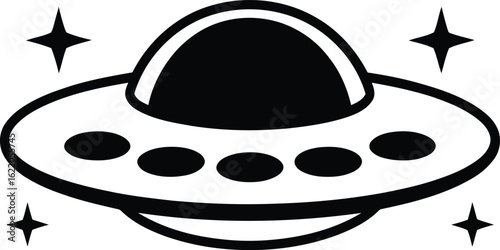 Retro ufo flying saucer with stars and lights