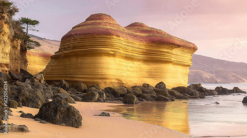Layered rock formations on a sandy beach under a pastel colored sky