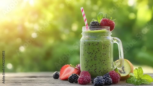 Green smoothie with fresh berries and kiwi