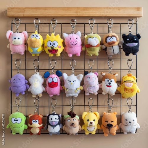 Colorful Plush Keychains Displayed on a Wall Grid Organizer