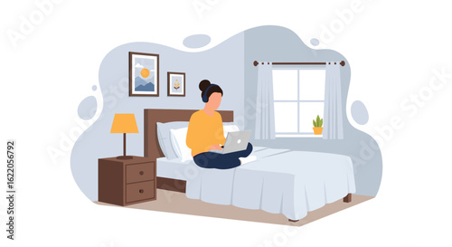 Woman working on laptop from bed, perfect for articles about work-life balance or remote work.