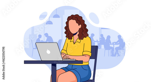 Woman working on laptop in cafe, perfect for website banners or blog posts about remote work, freelancing, or coffee shop culture.
