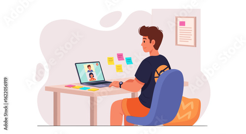 Man in video conference, working from home, ideal for remote work blogs and articles.